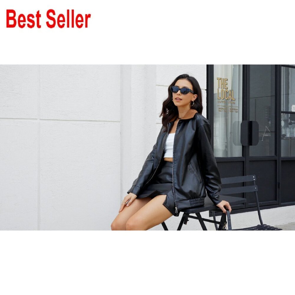 Faux Leather Motorcycle Jacket Oversized Retro Chic Fall Winter Bomber - Picture 8 of 8